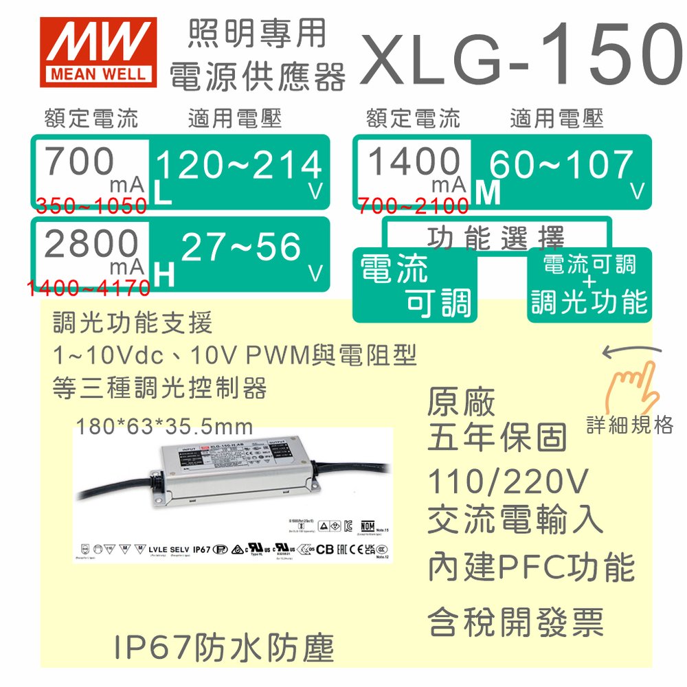 【保固附發票】MW明緯 150W LED Driver 防水恆功率可調光電源 XLG-150 30V 36V 48V