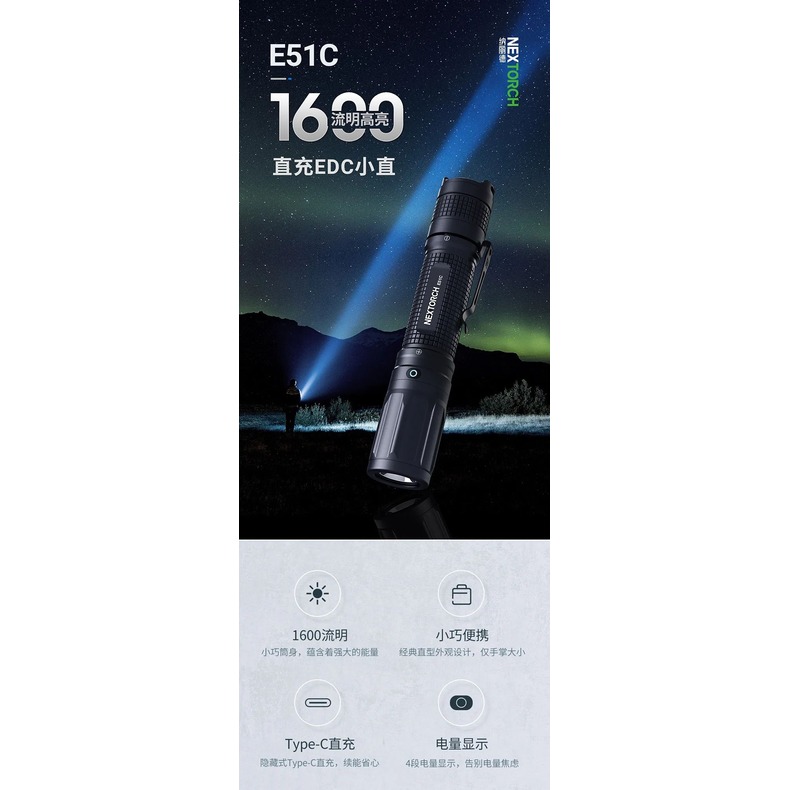 Nextorch E51C 1600流明TYPE C直充戰術手電筒(附原廠18650充電電池)-NEX E51C