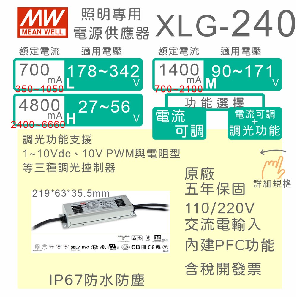 【保固附發票】MW明緯 240W LED 防水恆功率可調光電源 XLG-240 30V 36V 54V 142V 驅動器