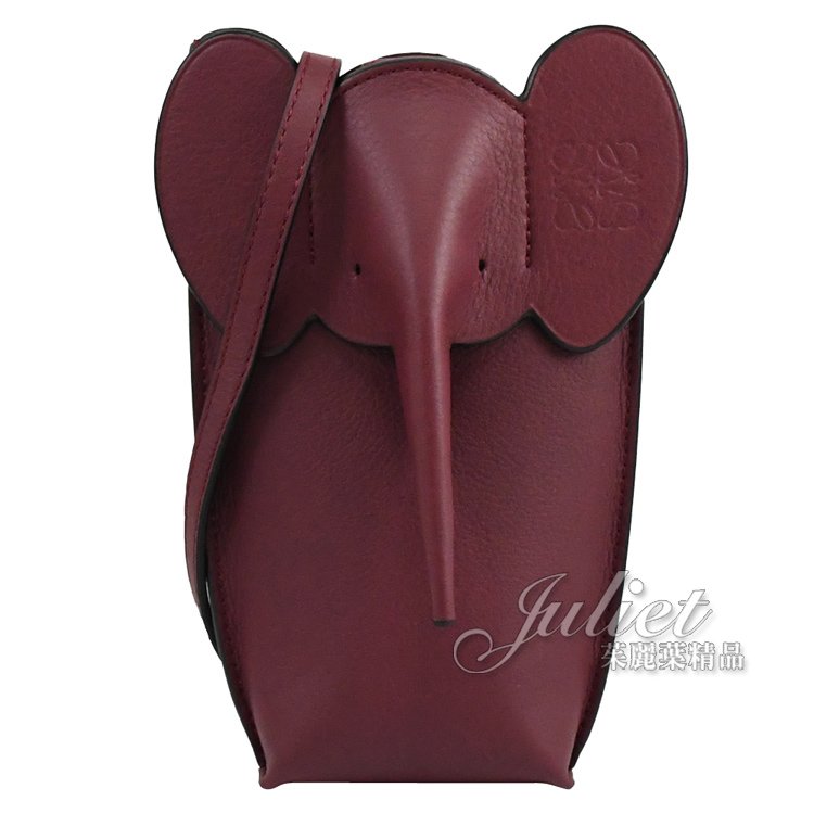 【9.9成新】茱麗葉精品 LOEWE 小牛皮大象造型斜背手機包.紫紅#911 現金價$19,800