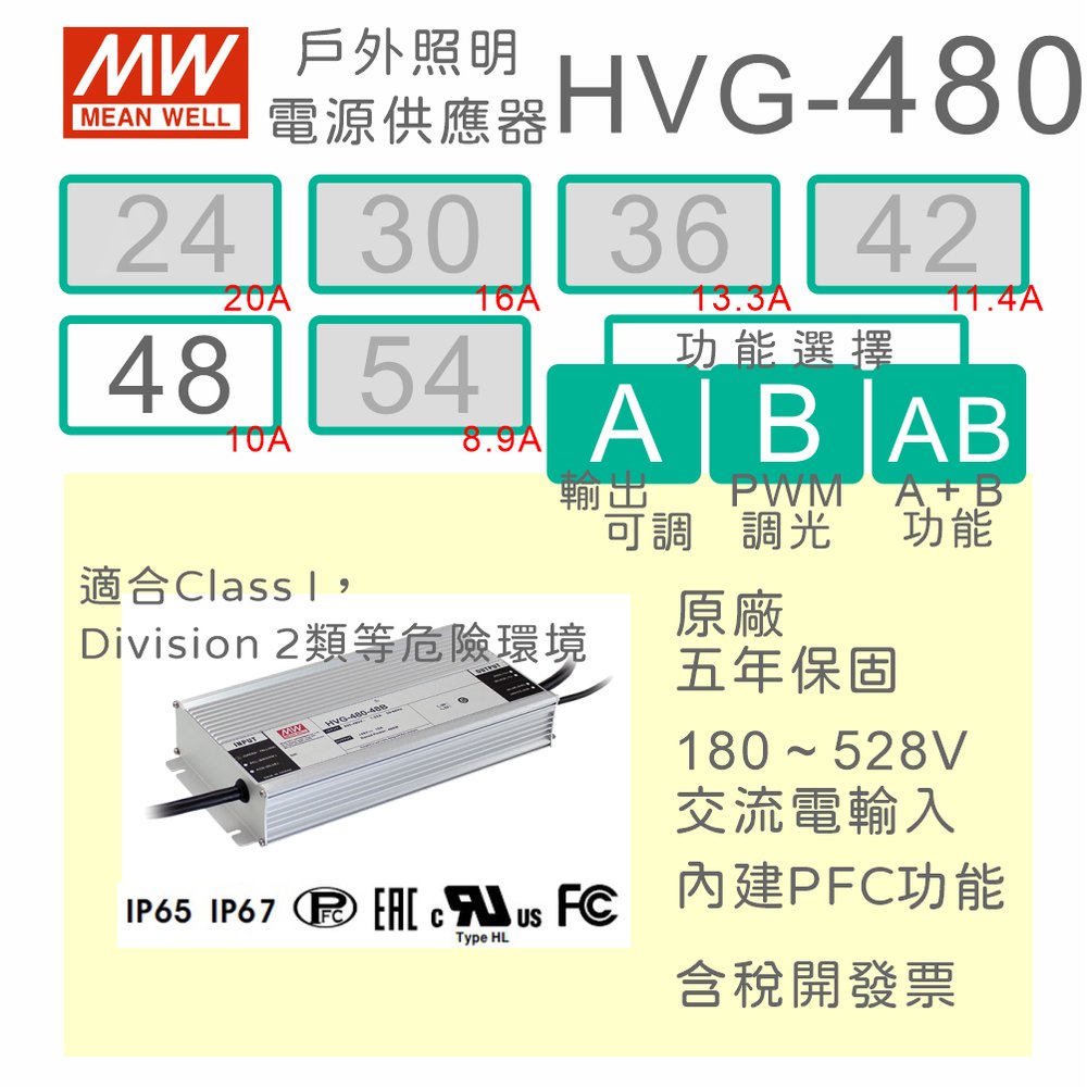 【保固附發票】MW明緯 480W LED Driver 防水恆壓恆流型電源 HVG-480-48A 驅動器 寬電壓