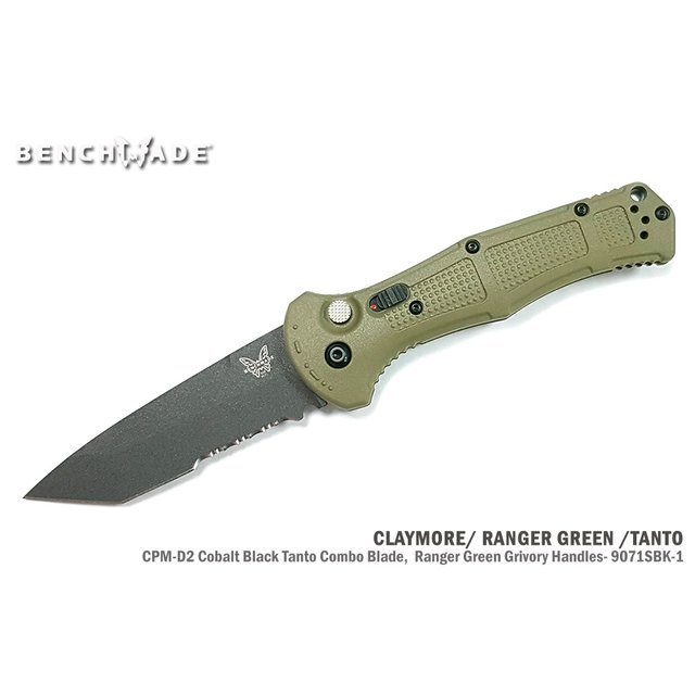 Benchmade CLAYMORE 綠柄黑Tanto 半齒彈簧刀 -CPM- D2鋼(Cobalt Black粉末塗層)-9071SBK-1