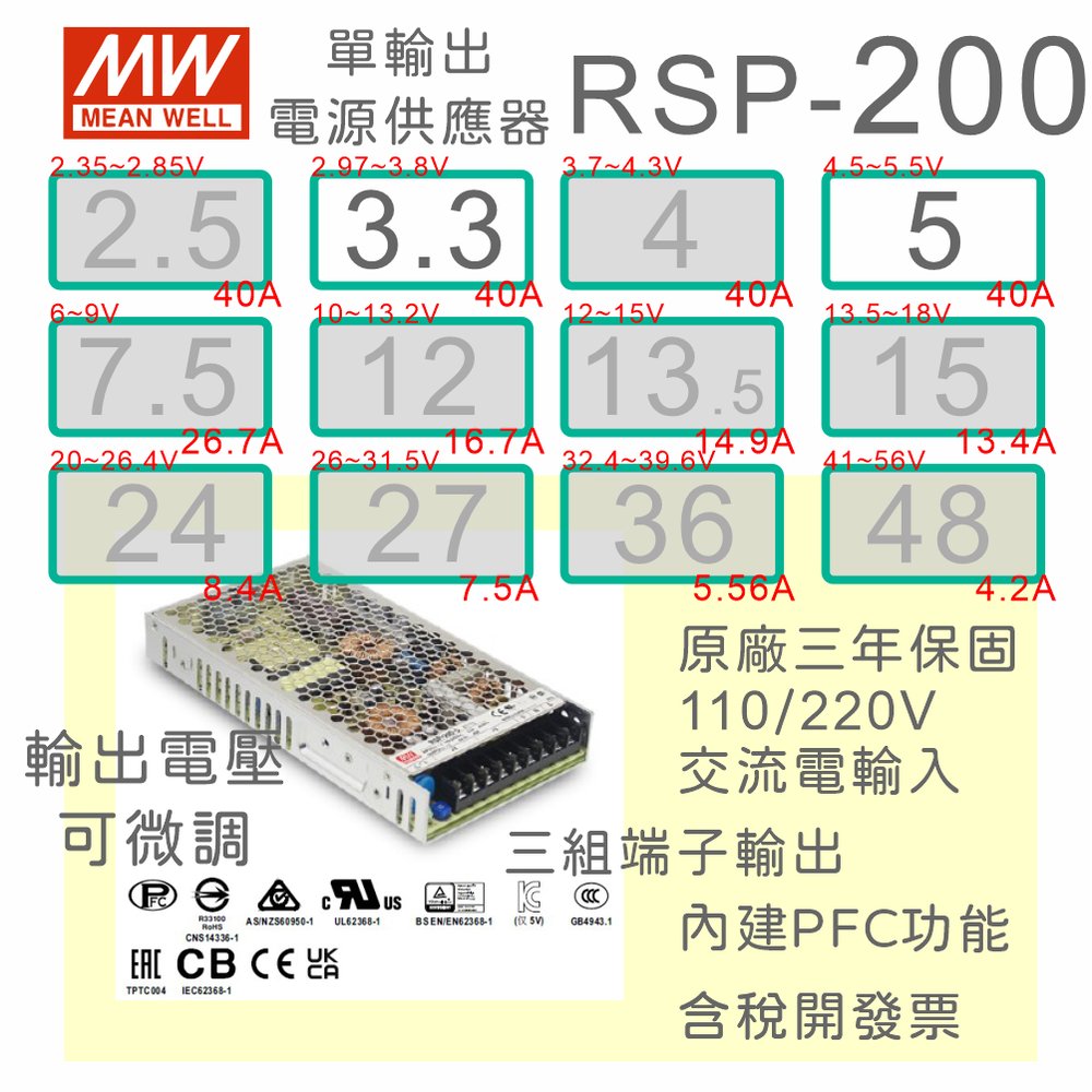 【保固附發票】MW明緯PFC 200W長壽命電源RSP-200-3.3 3.3V 變壓器 交流轉直流 LED燈條