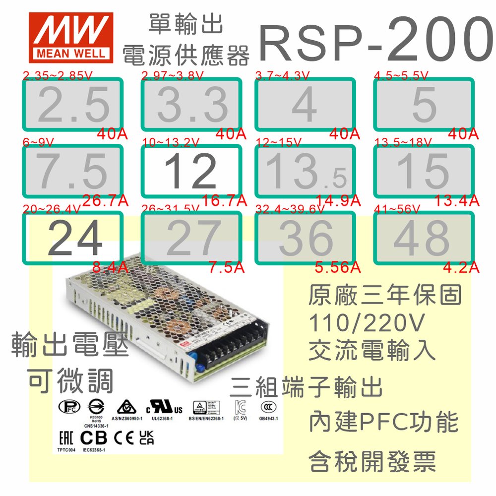 【保固附發票】MW明緯PFC 200W長壽命電源RSP-200-12 12V 變壓器 交流轉直流 LED燈條