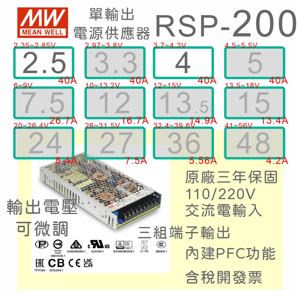 【保固附發票】MW明緯PFC 200W長壽命電源RSP-200-2.5 2.5V 4 4V變壓器 交流轉直流 LED燈條
