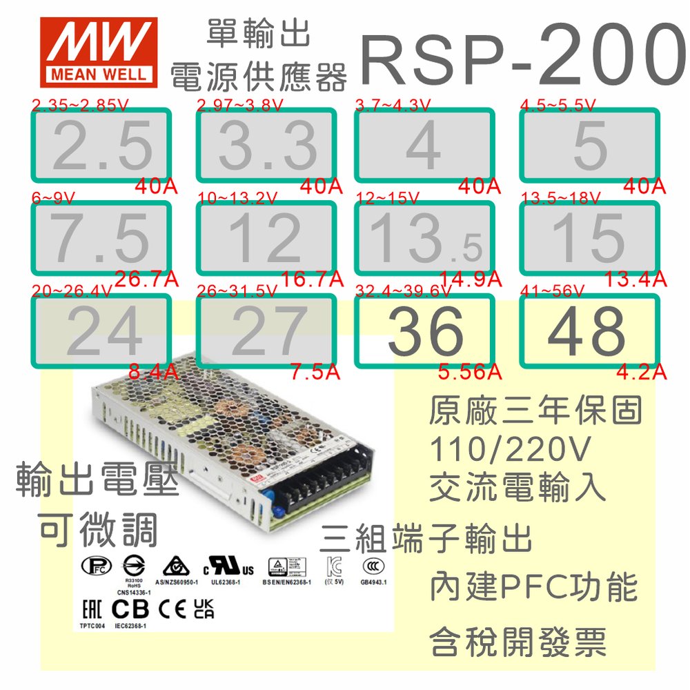 【保固附發票】MW明緯PFC 200W長壽命電源RSP-200-36 36V 48 48V變壓器 交流轉直流 LED燈條