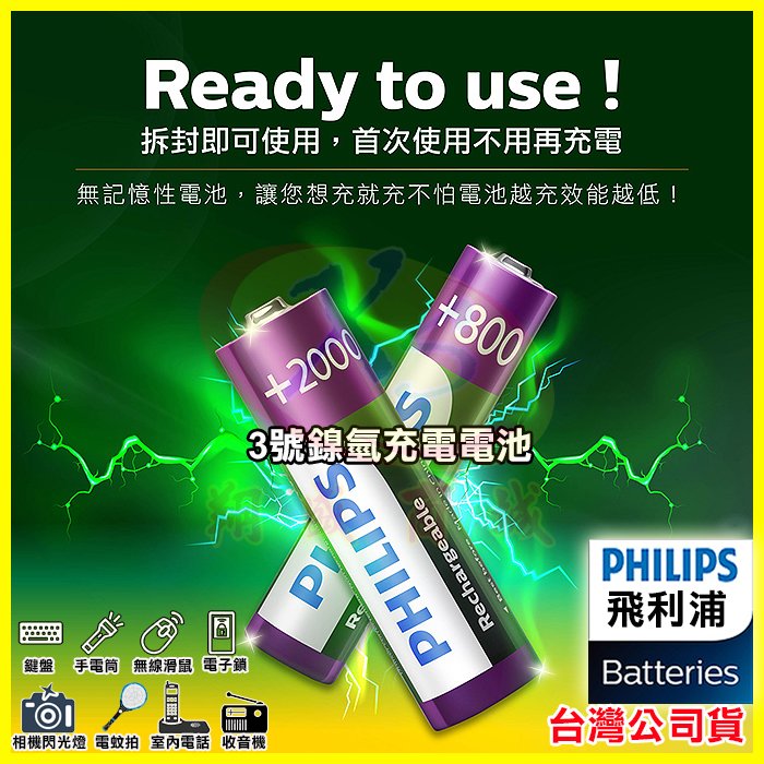 PHILIPS 飛利浦 3號鎳氫充電電池 低自放環保電池 適用玩具/火災偵測器/時鐘收音機/電視冷氣遙控器/鍵盤/手電筒