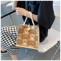 韓系可愛小熊亞麻手提袋 大容量手提包 午餐袋 便當包 文青休閒外出包【棕色】