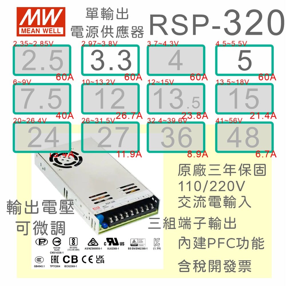【保固附發票】MW明緯PFC 320W長壽命電源RSP-320-3.3 3.3V 5 5V變壓器 交流轉直流 LED燈條