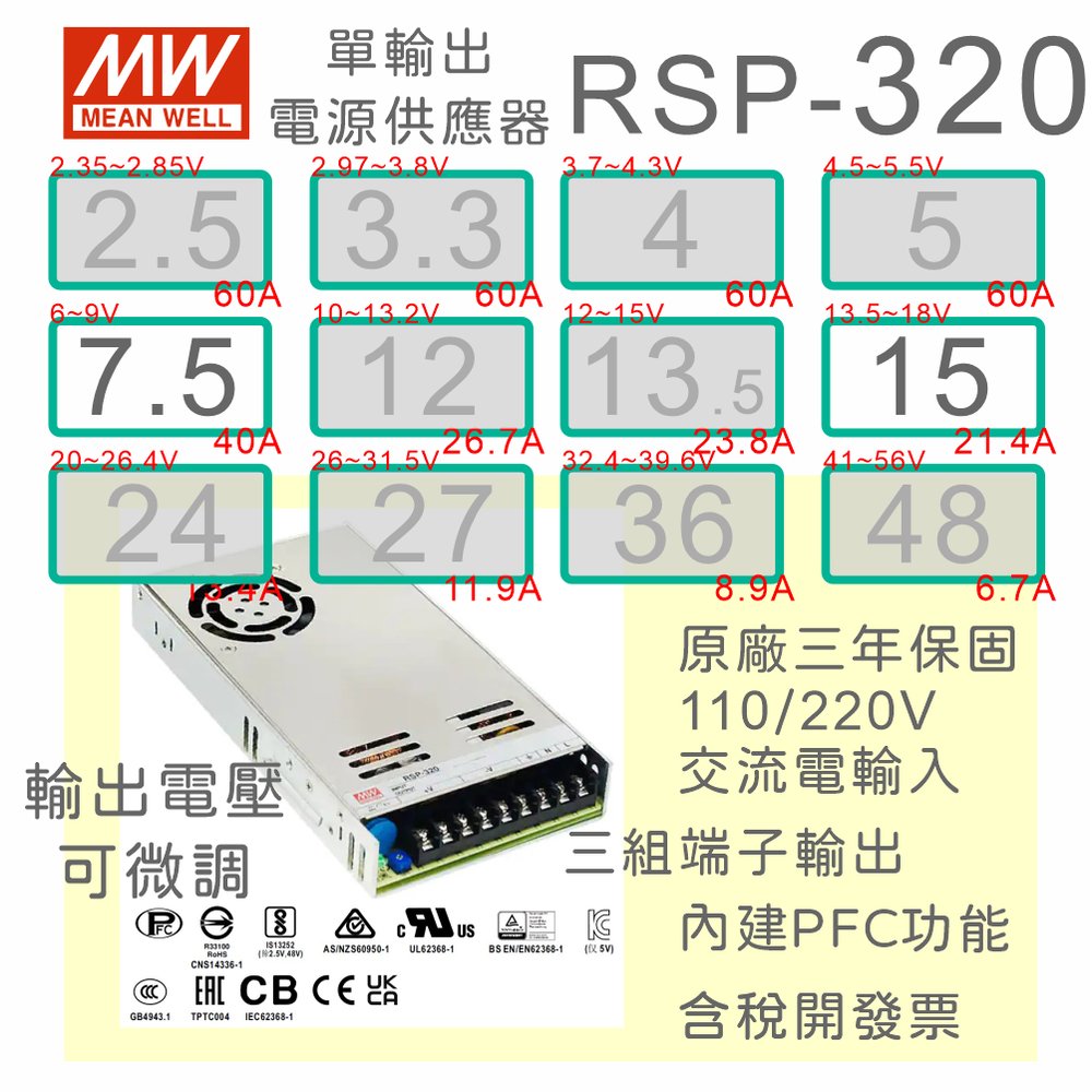 【保固附發票】MW明緯PFC 320W長壽命電源RSP-320-7.5 7.5V 15 15V變壓器 交流轉直流 LED燈條