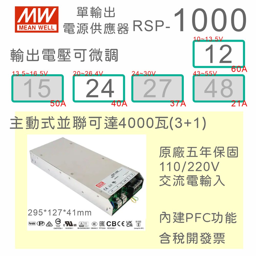 【保固附發票】MW明緯PFC 1000W長壽命電源RSP-1000 12 12V 24 24V 變壓器 交流轉直流 LED燈條