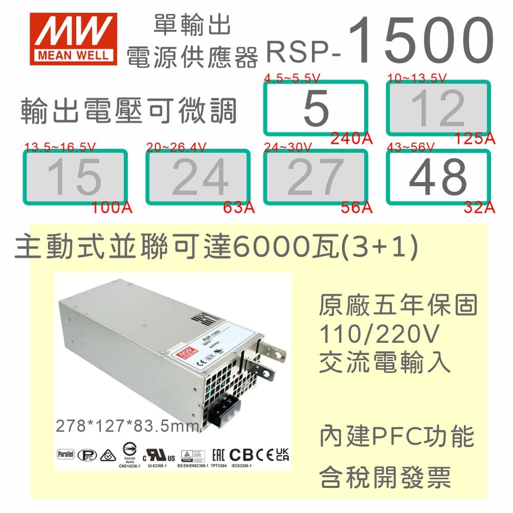 【保固附發票】MW 明緯 PFC 1500W 長壽命電源 RSP-1500 5 5V 48 48V 變壓器 交流轉直流 LED燈條