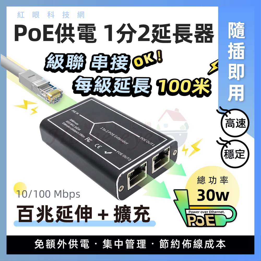金屬殼 百兆1進2出 可多層級聯 100米 POE延長器 PoE供電網路延伸器100M 監控電源 一分二擴充器