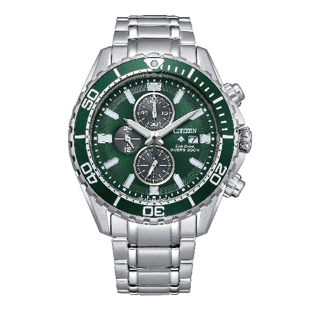 CITIZEN 星辰 PROMASTER CA0820-50X 光動能三眼計時時尚男士腕錶 綠面 44.5mm