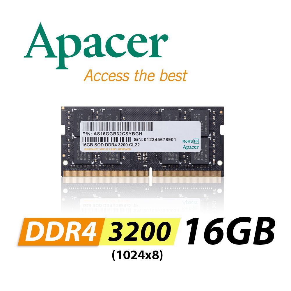 Apacer NB DDR4 SODIMM 3200-22 16GB RP(筆電用雙面)-1024*8 記憶體