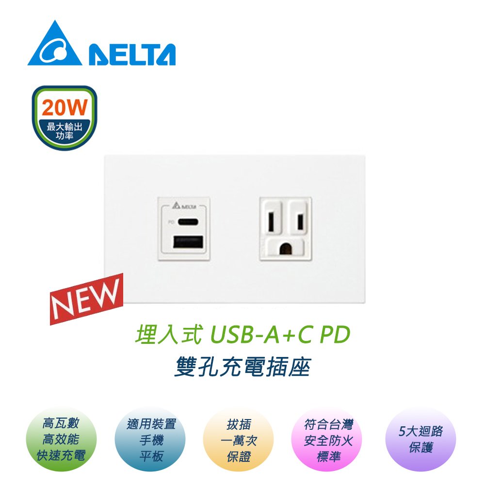【台達電子】20W埋入式USB雙孔充電插座(埋入式USB-A+C PD)