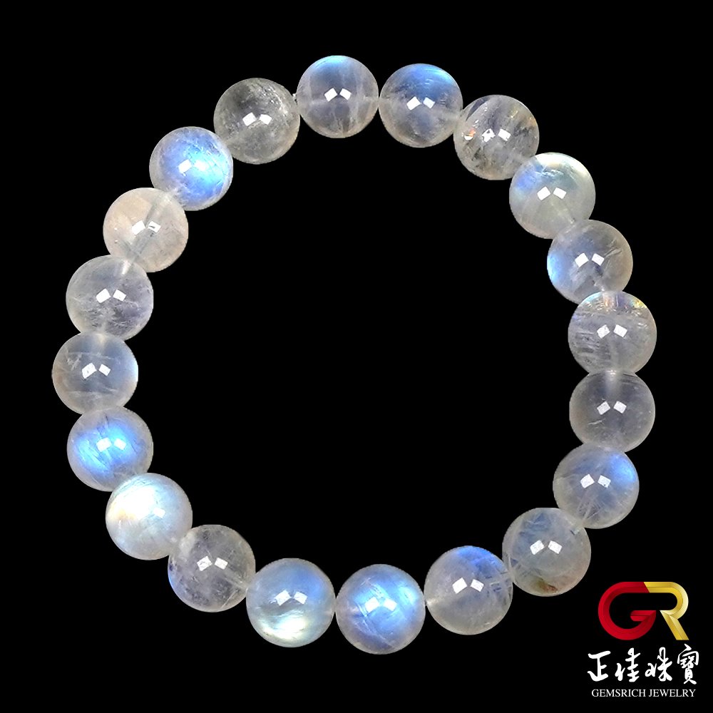【正佳珠寶】 藍月光石 頂級透質藍 9.8-10.2mm 藍月光石手珠｜日本彈力繩