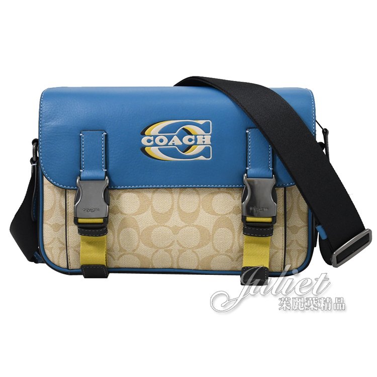 【全新現貨 優惠中】茱麗葉精品 COACH CH118 壓印LOGO撞色印花翻蓋斜背包.卡其/藍現金價$6,800