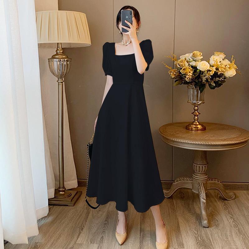 長裙 法式赫本風黑色方領連身裙子洋裝質高級感正式場合女夏季2023新款