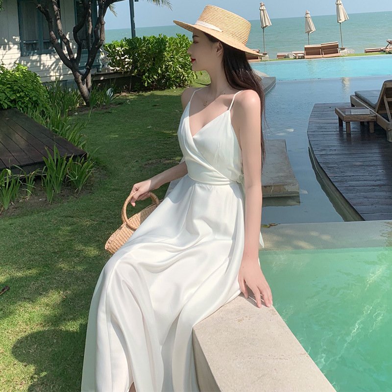 長裙 巴厘島沙灘裙海邊性感露背度假裙顯瘦緞面吊帶裙女夏