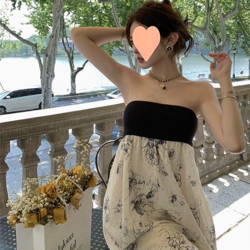 長裙 黑白水墨印花小眾設計感復古高級抹胸連身裙子洋裝女夏季海邊度假