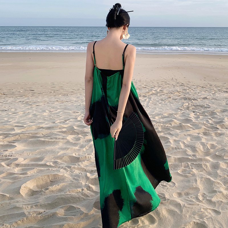 長裙 實拍新款海邊度假沙灘氣質綠色暈染領露背吊帶連身裙女夏