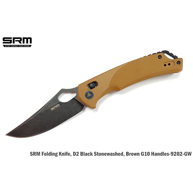 SRM 9202-GW 棕G10柄黑石洗刃折刀 -D2鋼(黑石洗處理)-SRM 9202-GW