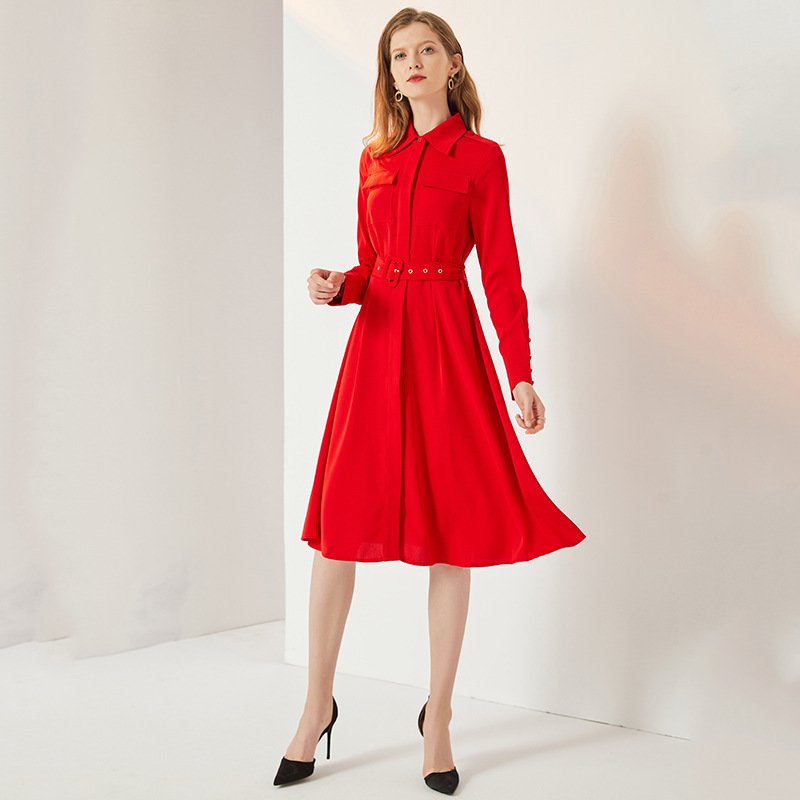 長裙 高腰中修身純色大紅色氣質通勤連身裙雪紡系帶顯瘦裙子洋裝