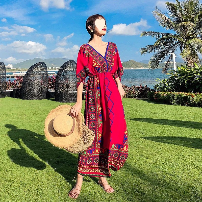 長裙 泰國民族風沙灘裙女夏2023新款三亞海邊度假顯瘦波西米亞子洋裝