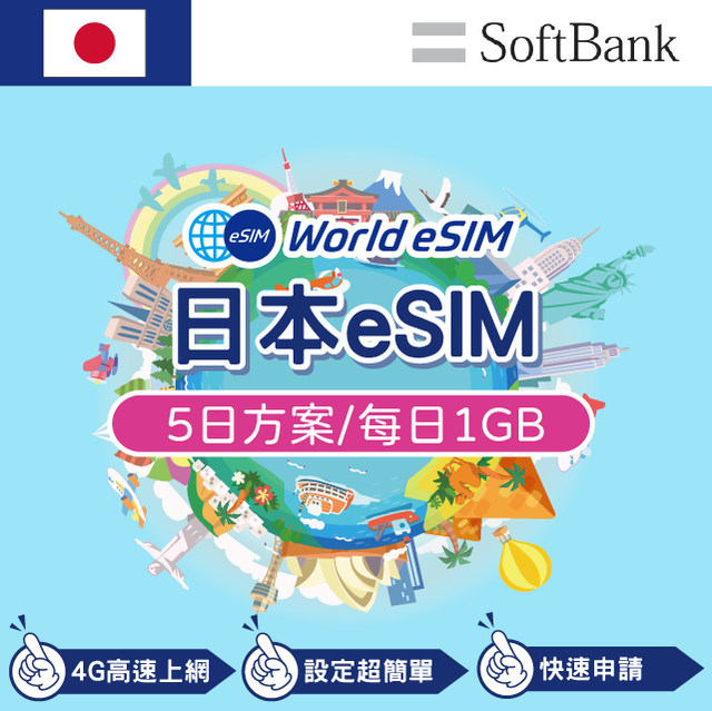 日本 eSIM 上網卡 5天 每日1GB 降速吃到飽 4G高速上網 Softbank 手機上網 日本漫游旅游卡 日商公司品質保證
