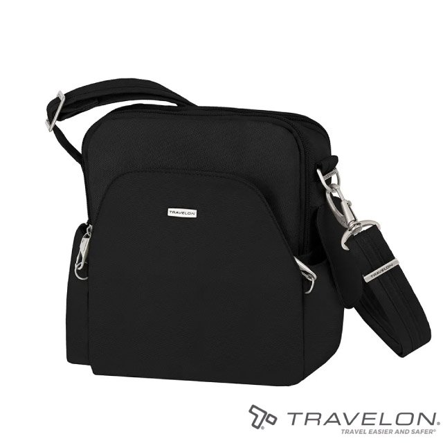 【Travelon】CLASSIC防盜斜側包(20X24X9cm)/單肩包.胸包.腰包.臀包.RFID識別系統.隨身包/防割斷鋼絲肩帶/TL-42224 黑