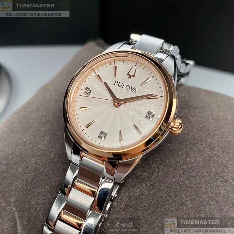 BULOVA手錶,編號BU00002,28mm玫瑰金圓形精鋼錶殼,白色簡約, 中三針顯示錶面,金銀相間精鋼錶帶款