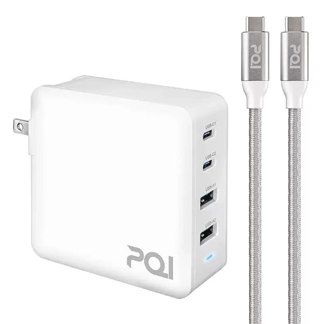 ☆PQI PD QC3.0 100W GaN 氮化鎵高速充電器附USB-C to USB-C 充電線100公分