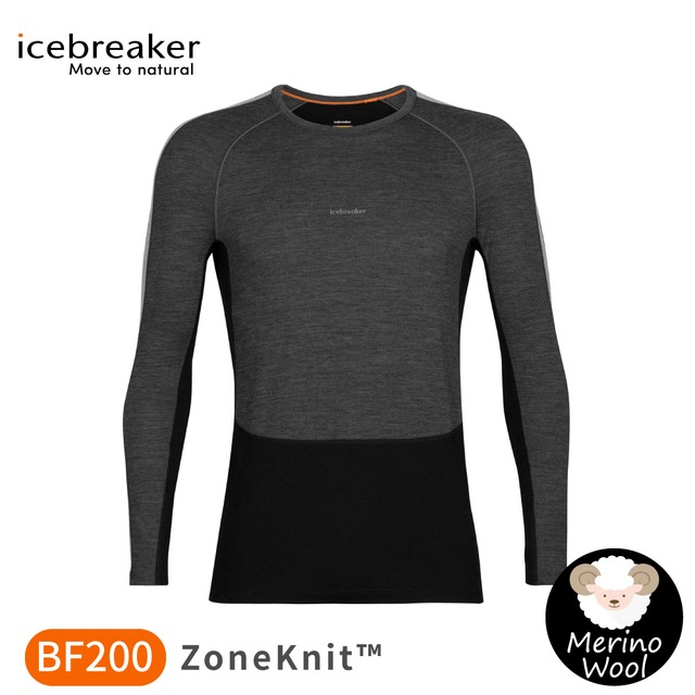 【Icebreaker 男 ZoneKnit 網眼透氣保暖圓領長袖上衣 BF200《灰/黑》】0A56HA/排汗T/羊毛T