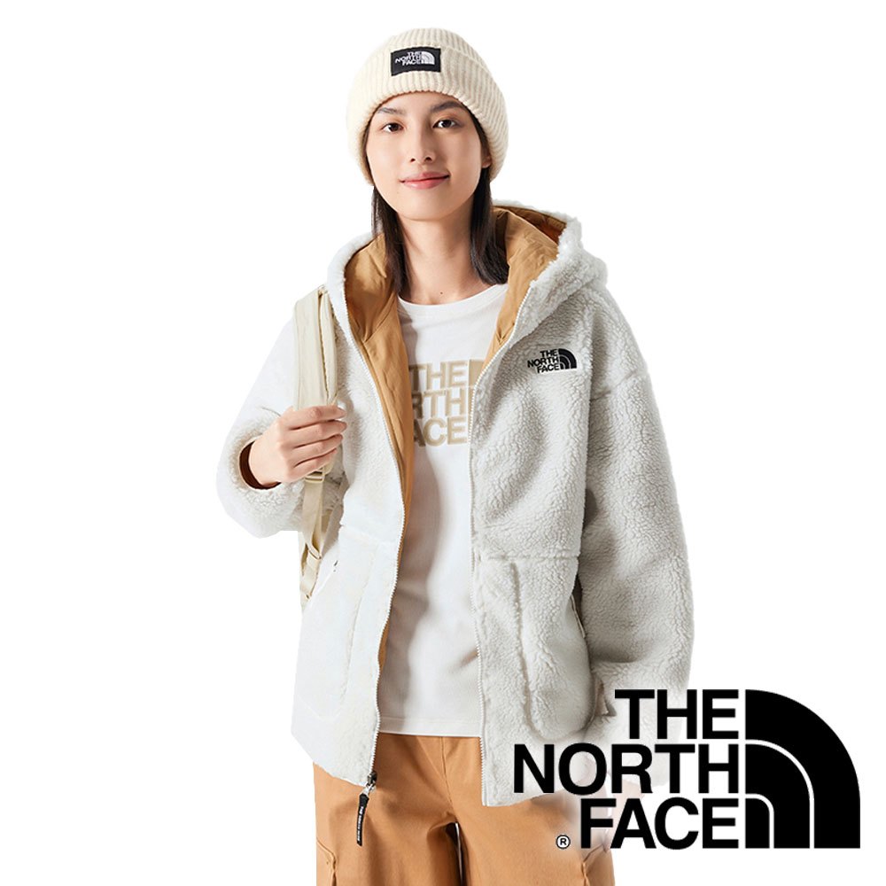 【THE NORTH FACE 美國】女刷毛連帽雙面外套『卡其/白』NF0A81S8 戶外 露營 登山 健行 休閒 時尚 保暖 連帽外套