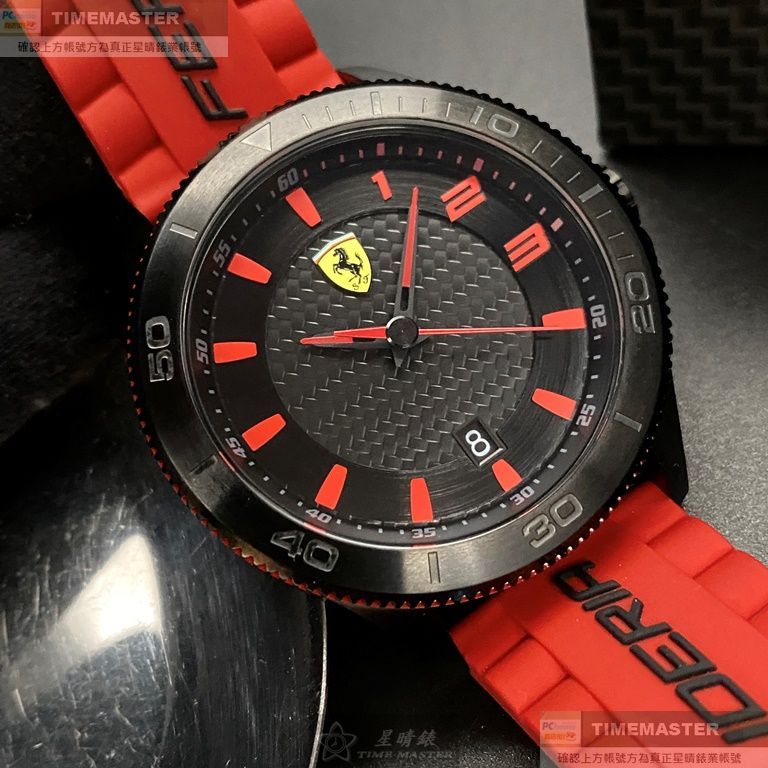 FERRARI手錶,編號FE00072,48mm黑圓形精鋼錶殼,黑色中三針顯示, 運動錶面,紅真皮皮革錶帶款,立體感十足!