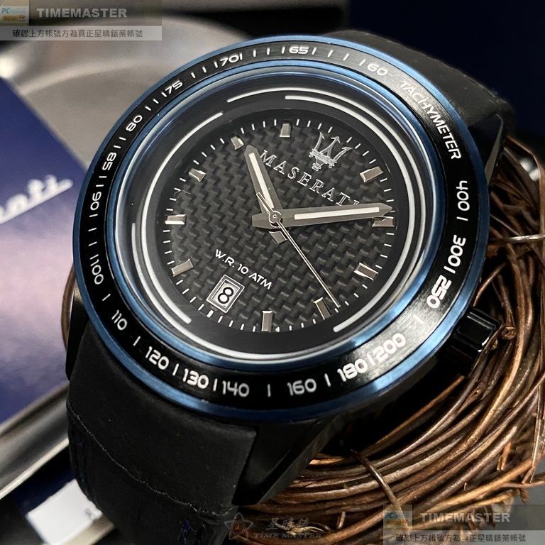 MASERATI手錶,編號R8851110003,46mm黑圓形精鋼錶殼,黑色中三針顯示, 運動錶面,深黑色真皮皮革錶帶款