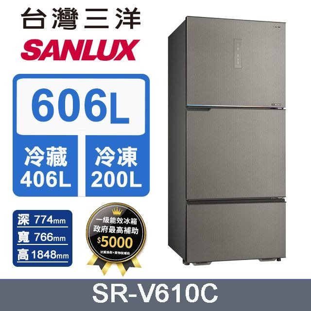 【SANLUX 台灣三洋】606L 變頻大冷凍室一級三門電冰箱 (SR-V610C)