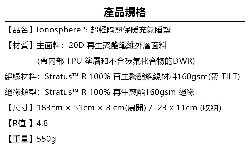 RAB 英國】 Ionosphere 5 超輕隔熱保暖充氣睡墊『檸檬絲』QMA-04 戶外