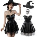 女巫 萬聖節服裝 漆皮黑色洋裝+女巫尖帽+蜘蛛網頸飾-愛衣朵拉C049