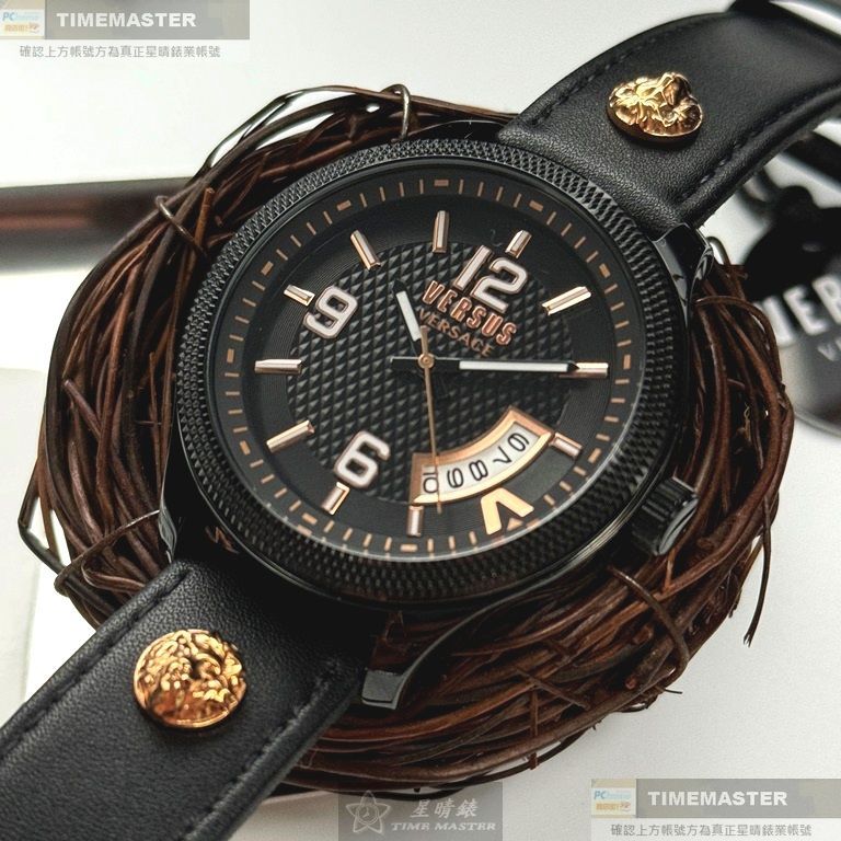 VERSUS VERSACE手錶,編號VV00370,44mm黑圓形精鋼錶殼,黑色簡約, 中三針顯示錶面,深黑色真皮皮革錶帶款