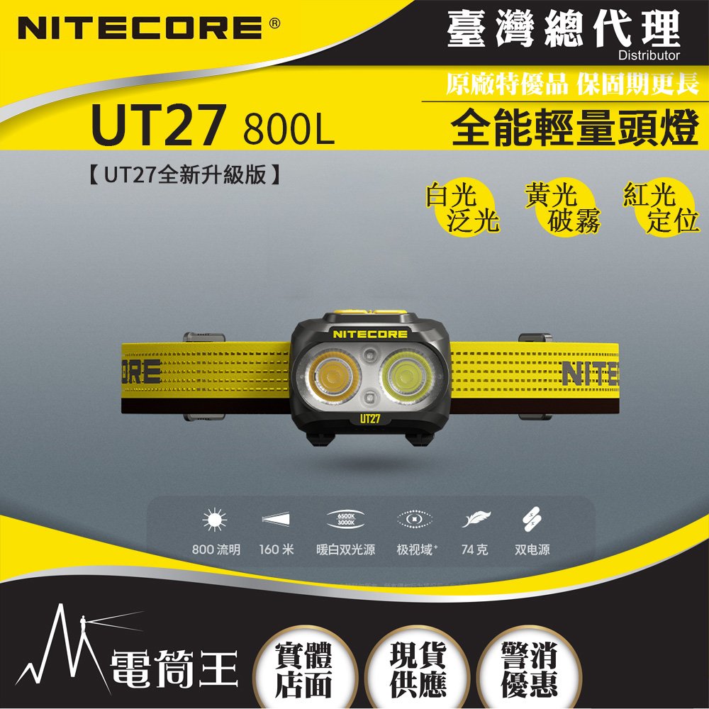 【電筒王】NITECORE UT27 800L 800流明 103米 全能輕量頭燈 三光源 白/黃/紅 雙電源