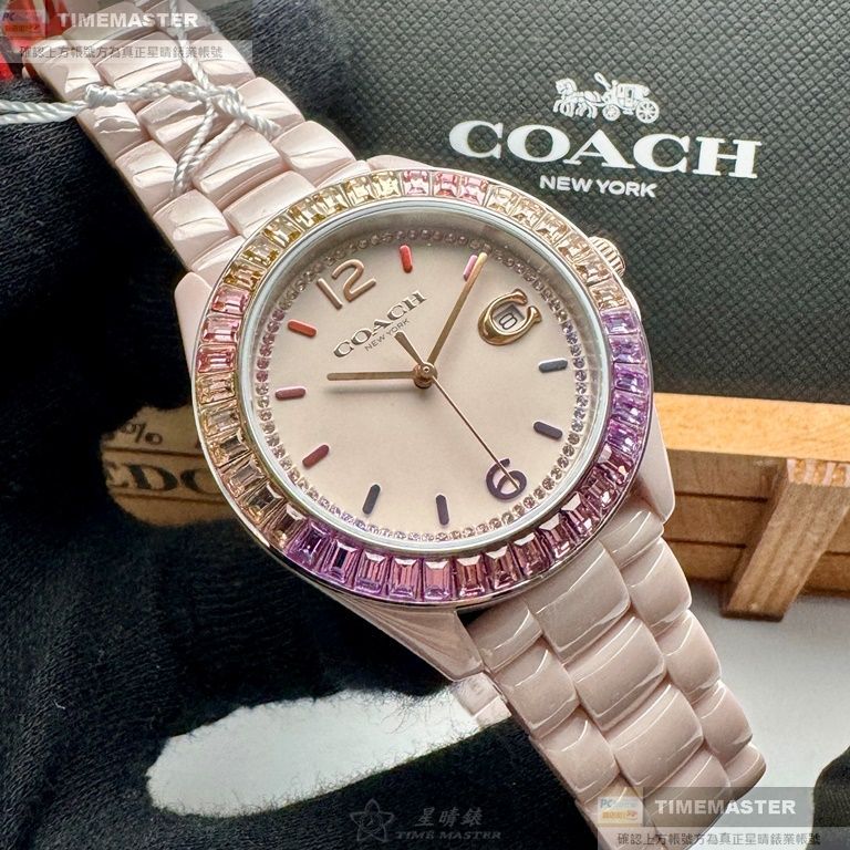 COACH手錶,編號CH00161,38mm粉紅圓形陶瓷錶殼,粉紅中三針顯示, 鑽圈錶面,粉紅陶瓷錶帶款,限量紫金鑽圈