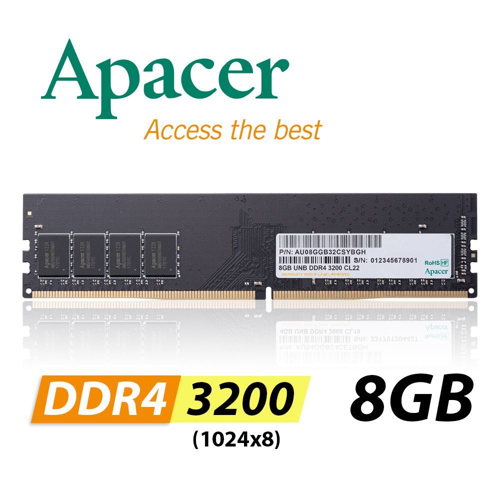 Apacer PC DDR4 UDIMM 3200-22 8GB RP(桌上型單面)-1024*8 記憶體