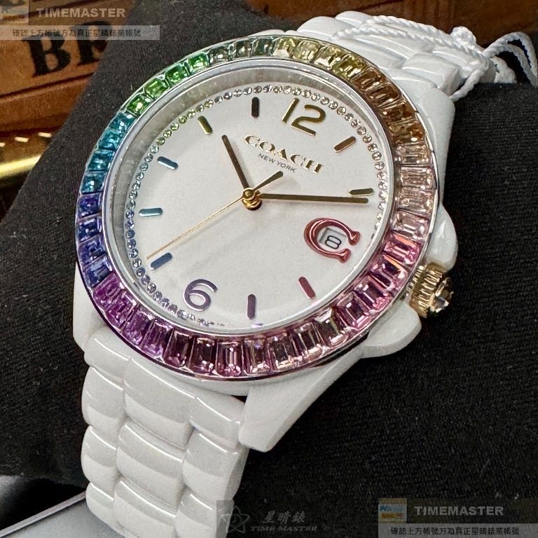 COACH手錶,編號CH00167,38mm白圓形陶瓷錶殼,白色中三針顯示, 鑽圈錶面,白陶瓷錶帶款,限量彩虹鑽圈