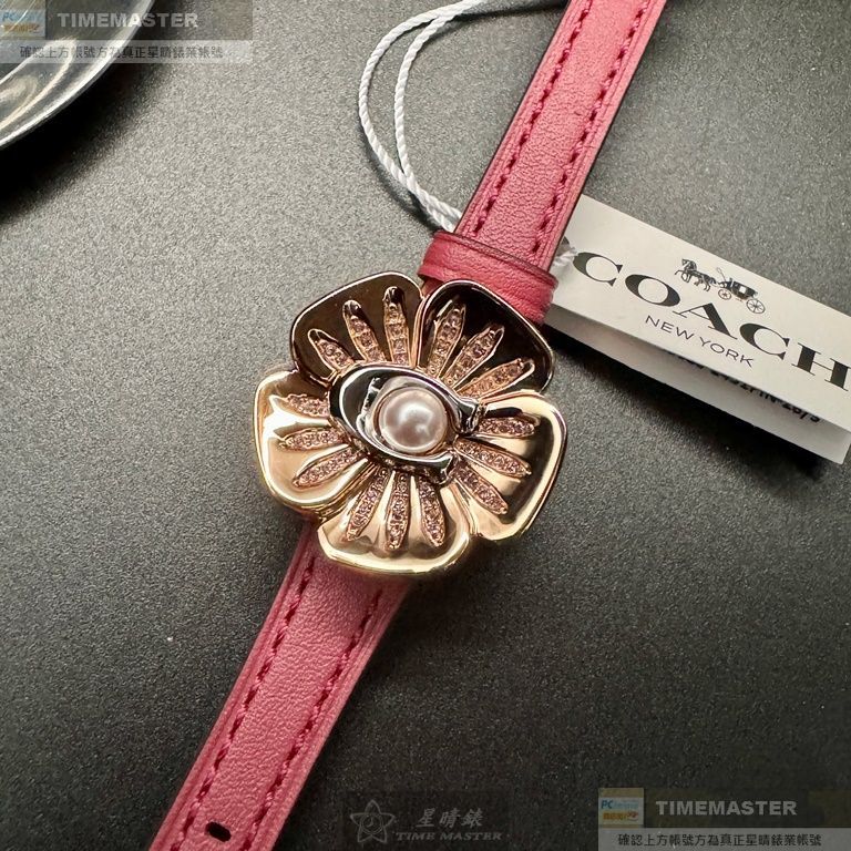 COACH手錶,編號CH00178,28mm玫瑰金圓形精鋼錶殼,玫瑰金色簡約, 中二針顯示錶面,粉紅真皮皮革錶帶款,山茶花之芯