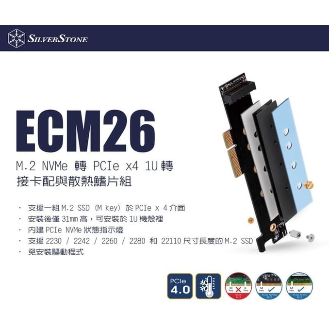 銀欣 ECM26 支援一組M.2 SSD (M key) 於PCIe x 4介面/支援1U機殼
