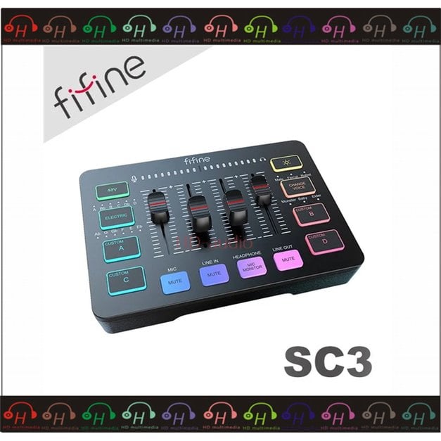 弘達影音多媒體 FIFINE SC3 黑色 音訊混音器 USB直播聲卡錄音介面 RGB/電子音階/變聲特效/48V幻象電源