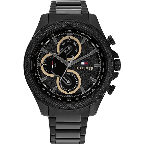 TommyHilfiger 賽車設計車輪外框黑金三眼錶