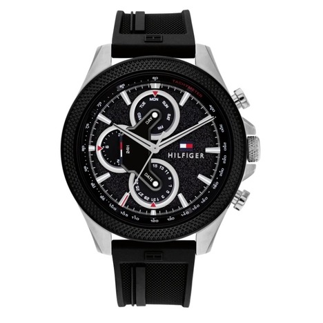 TommyHilfiger 賽車設計車輪外框黑銀三眼錶